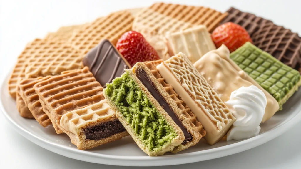 Wafer cookies with different fillings like hazelnut, chocolate, and matcha green tea.