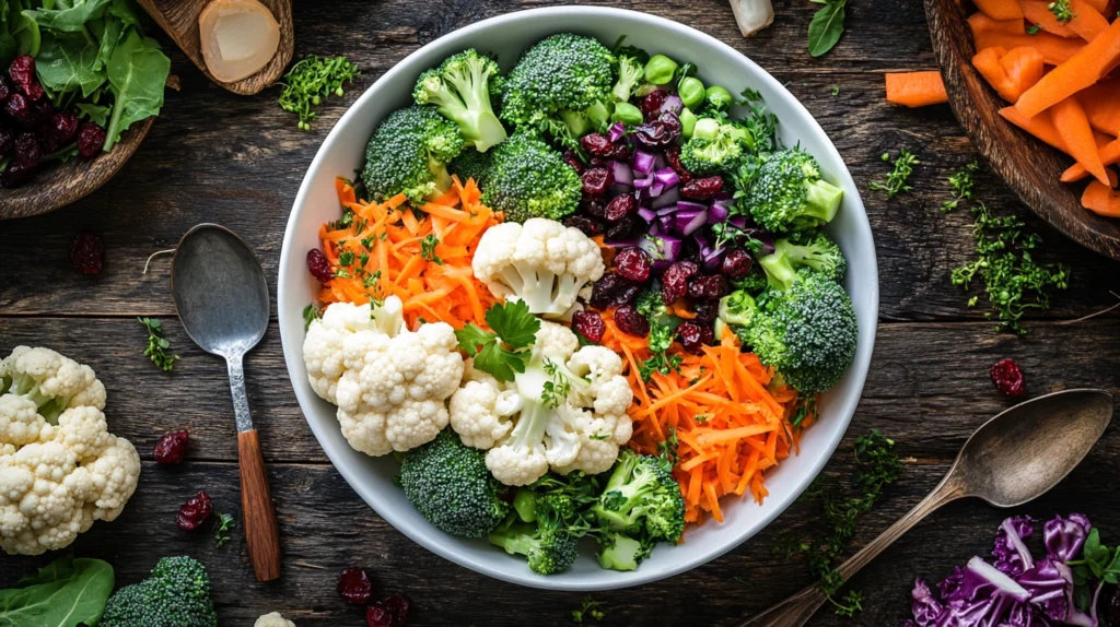 A vibrant bowl of broccoli cauliflower salad with creamy dressing and colorful toppings.