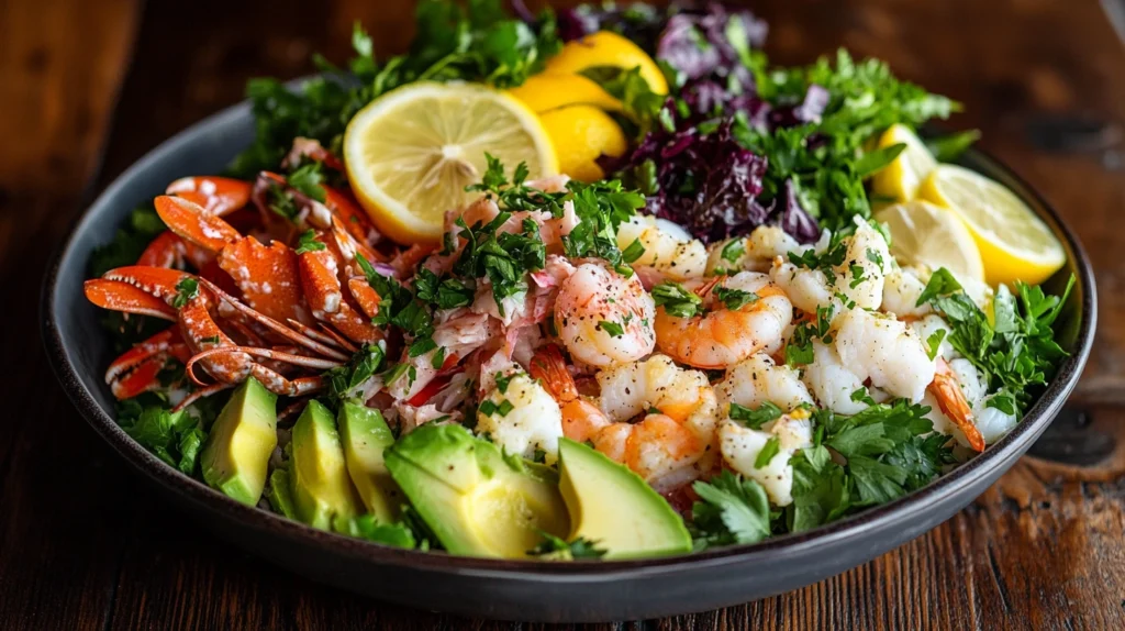 Freshly prepared seafood salad on a wooden table