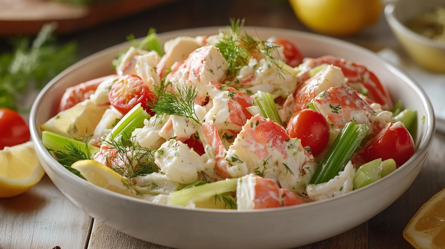 A bowl of fresh crab salad garnished with herbs and lemon wedges