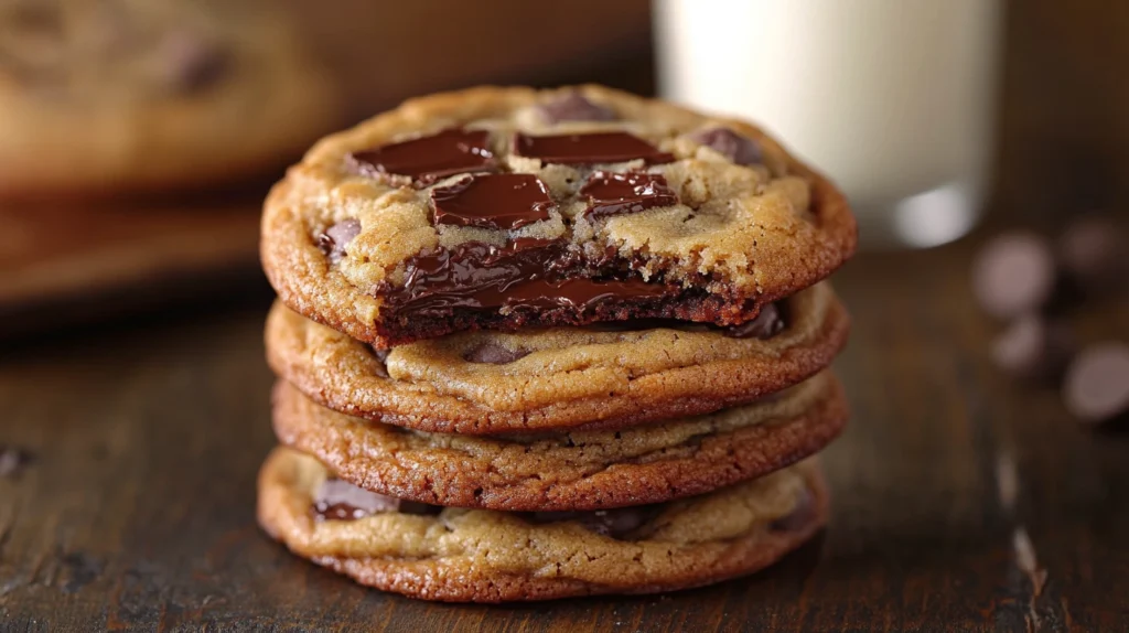 A plate of freshly baked brown butter chocolate chip cookies with golden edges and melty chocolate chunks.