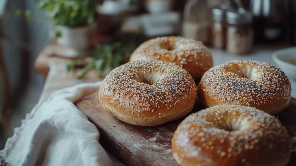 Freshly baked sourdough bagels on a rustic wooden board.