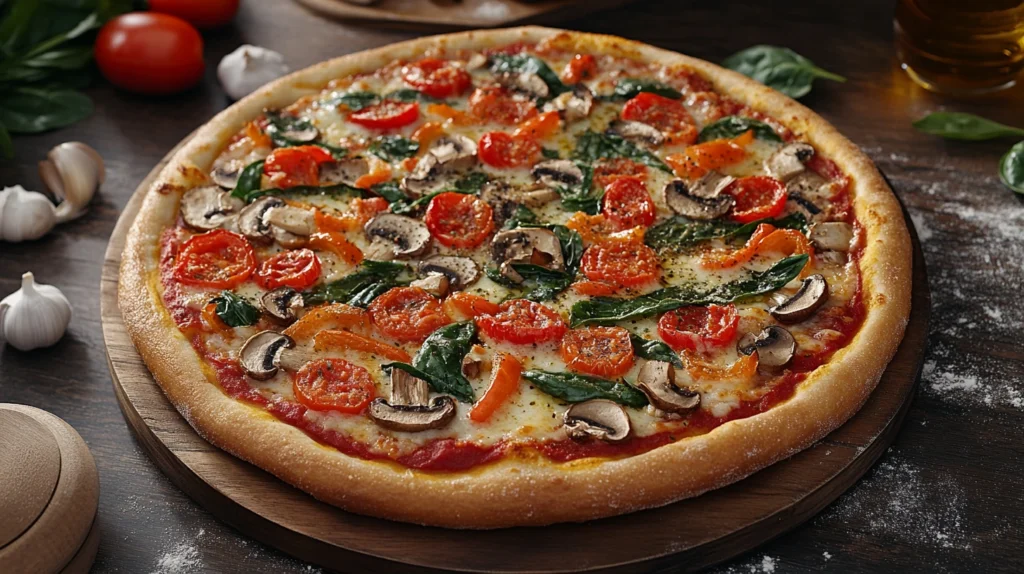 Freshly baked veggie pizza on a wooden board surrounded by ingredients.