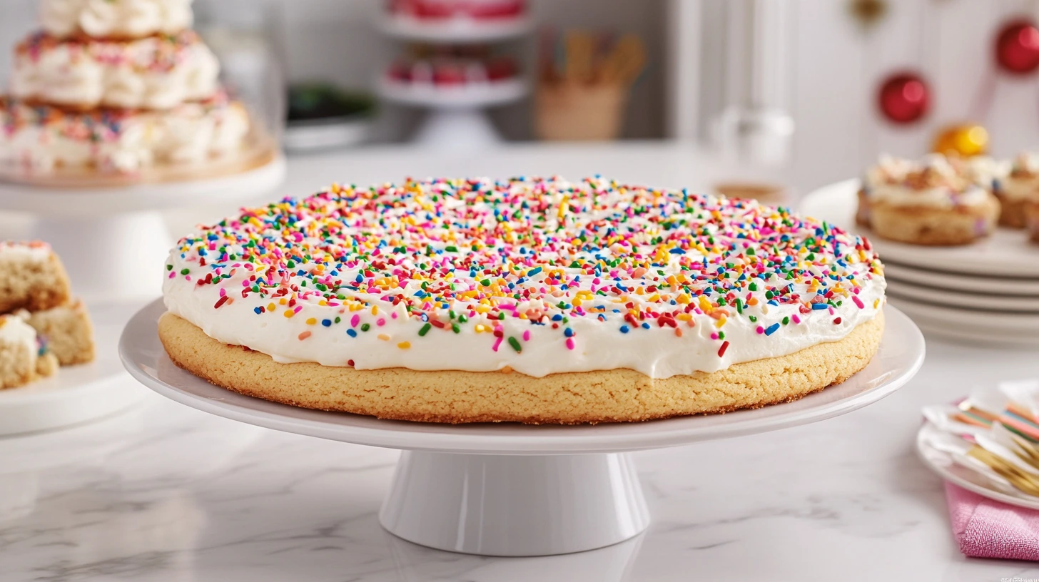 A funfetti cookie cake with colorful sprinkles.