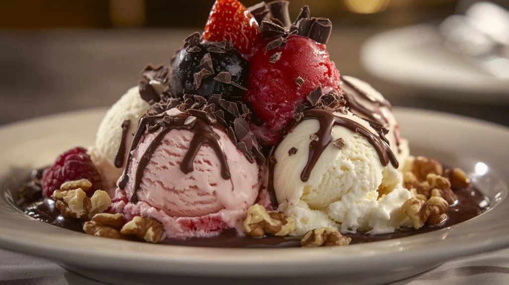 Gourmet presentation of Neapolitan ice cream with fresh fruit and chocolate toppings.