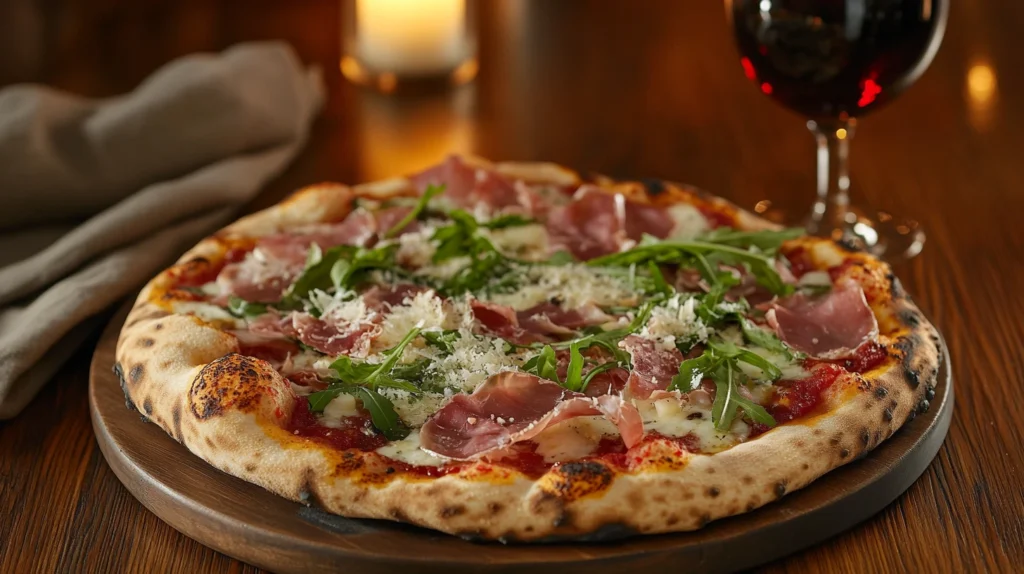 Gourmet sourdough pizza with prosciutto, arugula, and Parmesan