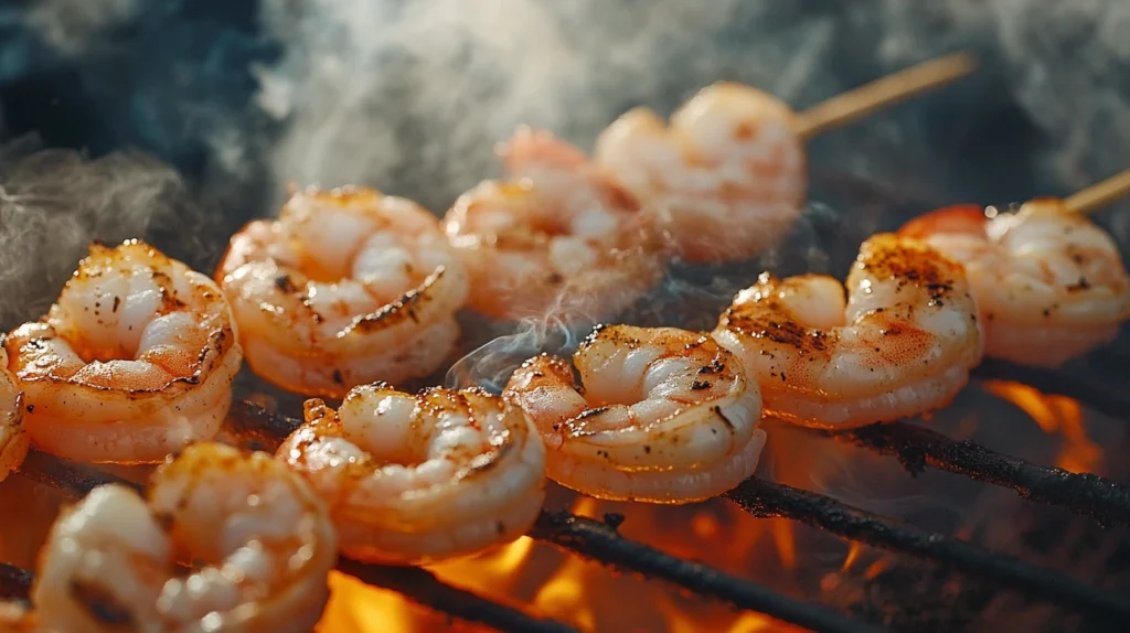 Shrimp skewers being grilled over an open flame.