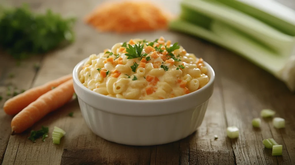 A creamy Hawaiian macaroni salad garnished with parsley