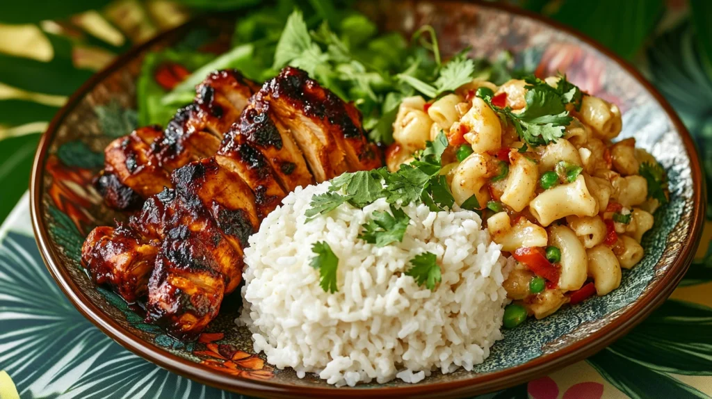 A Hawaiian plate lunch featuring macaroni salad, rice, and grilled meat