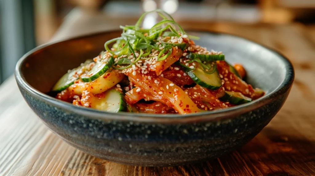 A vibrant bowl of Korean Cucumber Salad garnished with sesame seeds and green onions.