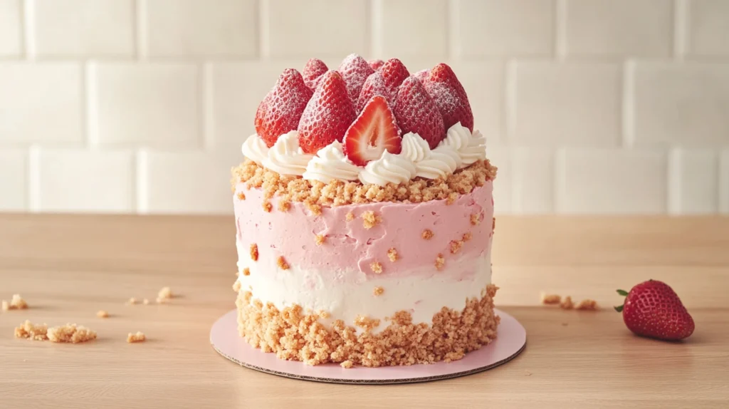 Layering a strawberry crunch cake