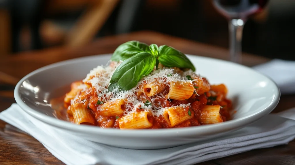 A plate of macaroni penne garnished with fresh basil and Parmesan cheese.