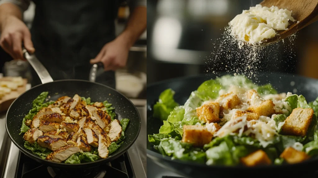 The process of assembling a Chicken Caesar Salad.