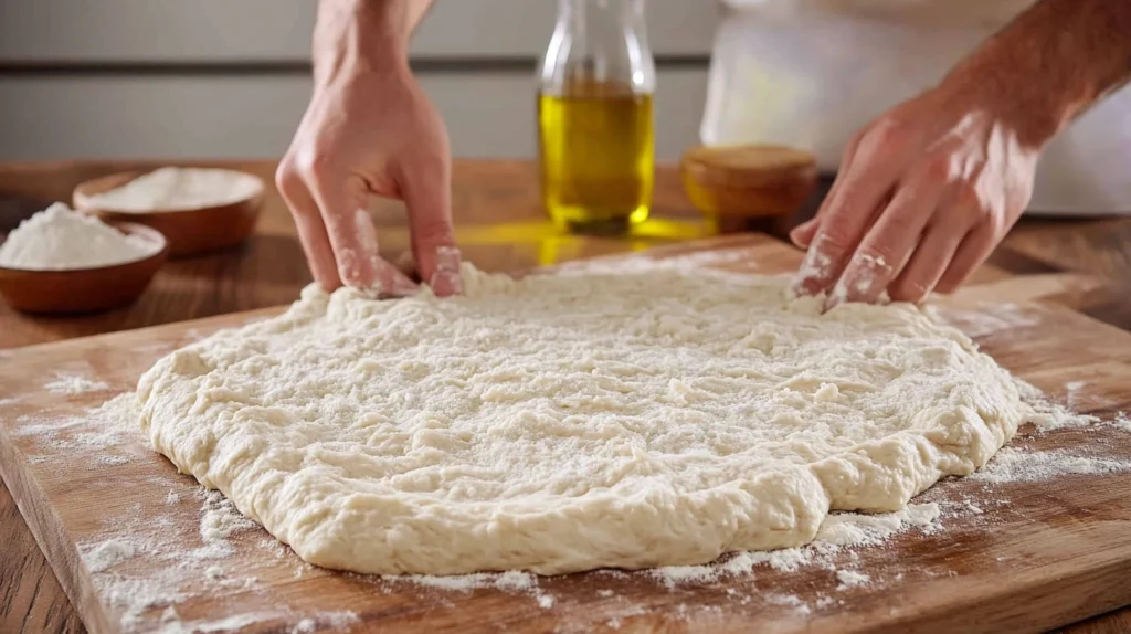 Hands kneading pizza dough on a floured surface