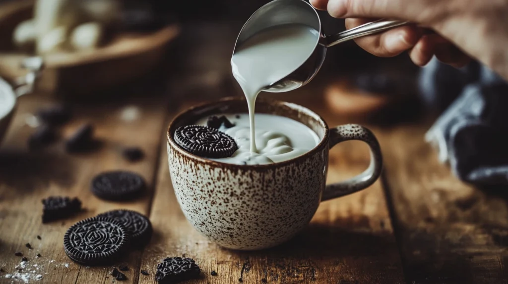 Mixing crushed Oreos and milk in a mug to make a mug cake batter.