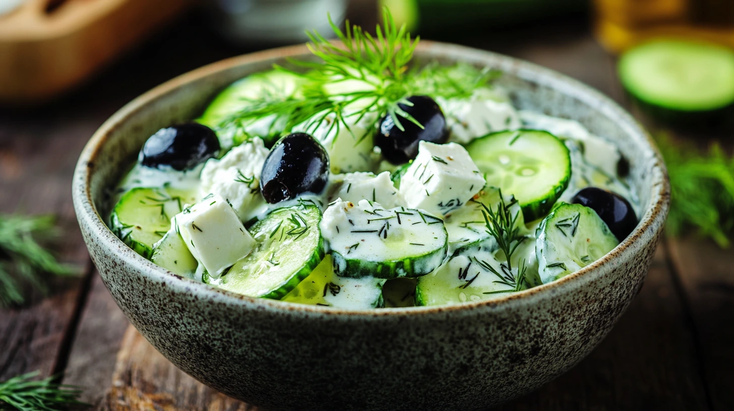 A Mediterranean-style creamy cucumber salad with feta and olives.