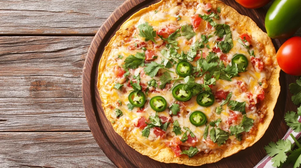 A crispy, cheesy Mexican pizza with fresh toppings