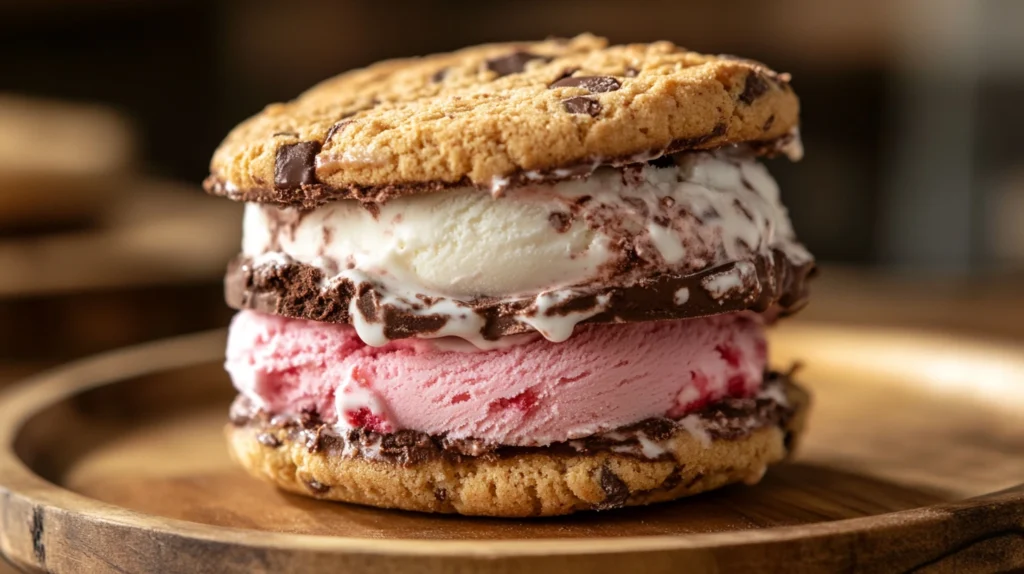 Neapolitan ice cream sandwich with layers of chocolate, vanilla, and strawberry between chocolate chip cookies.