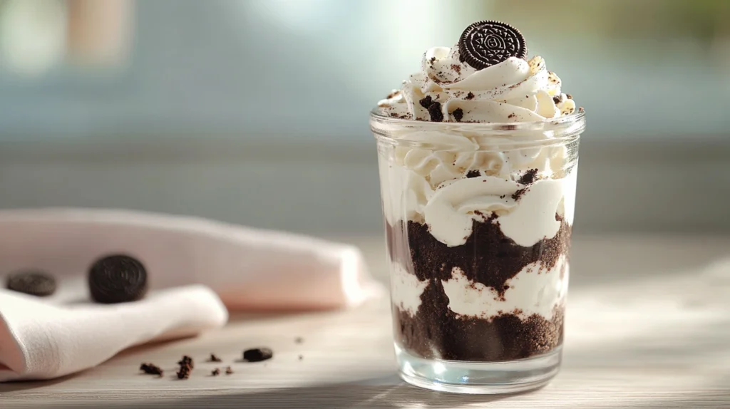 A layered Oreo mug cake parfait in a glass jar with whipped cream.