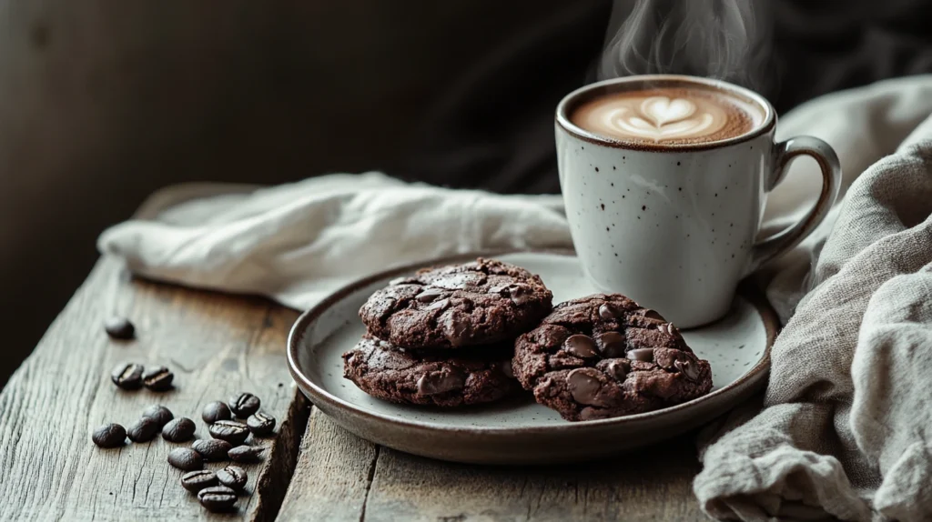 Brownie cookies served with coffee on a rustic table.