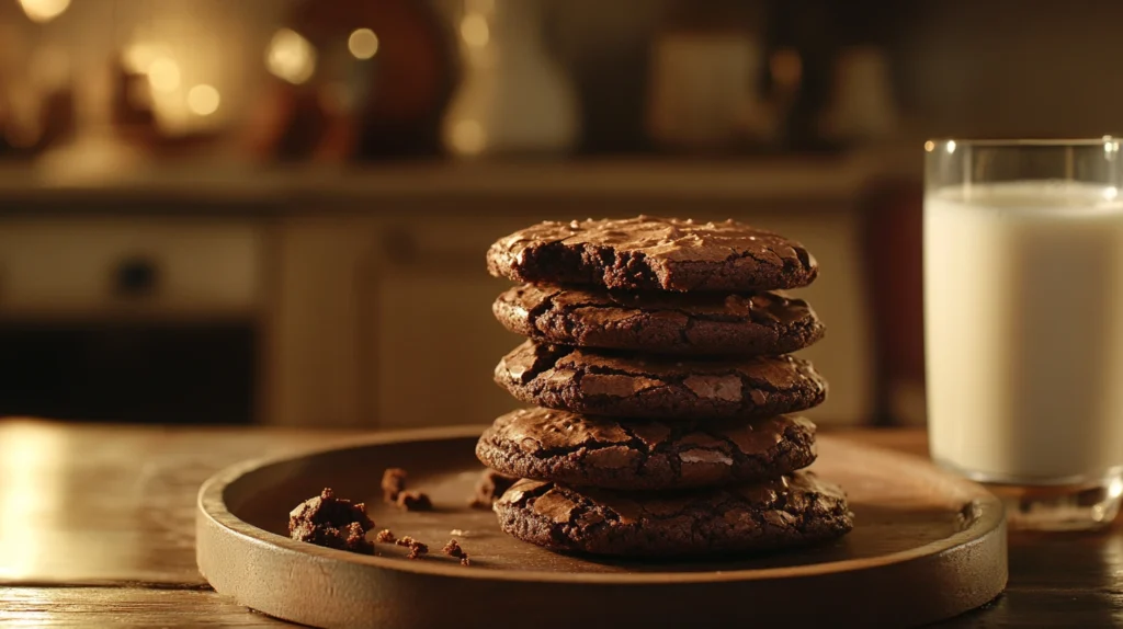 A stack of brownie cookies on a wooden plate with a glass of milk beside it.