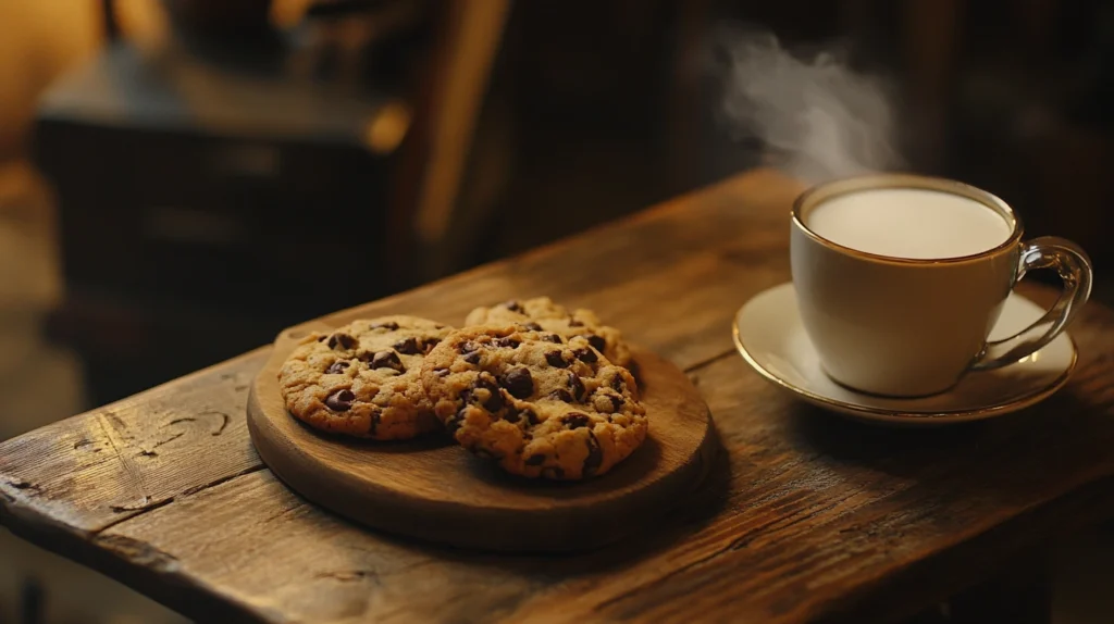 Cookies served with coffee and milk on a wooden table.