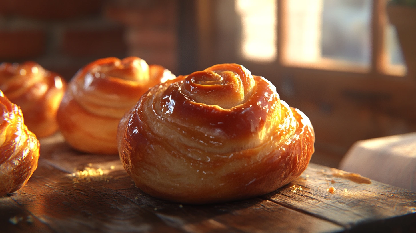 Freshly baked sourdough cinnamon rolls on a wooden table