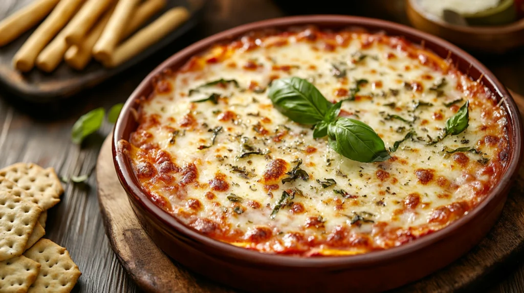  A perfectly baked pizza dip with a golden-brown cheesy top.