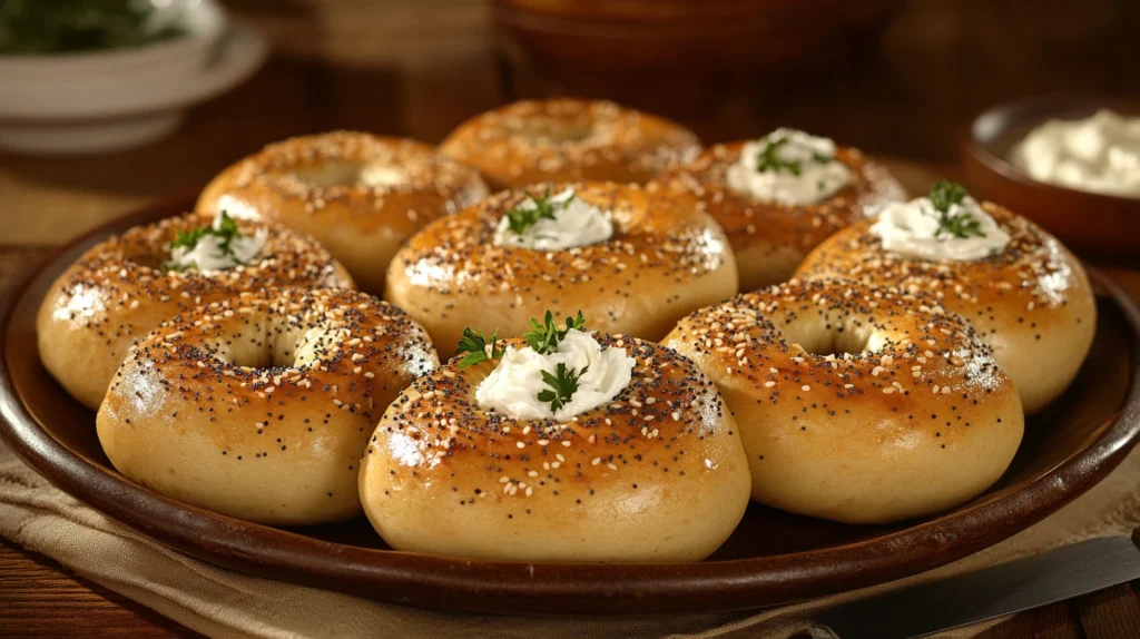 A platter of freshly baked sourdough bagels with toppings.