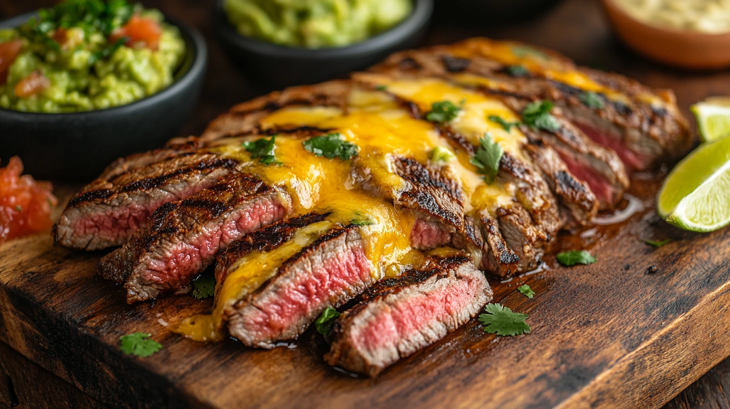 A golden-brown steak quesadilla cut into wedges with melted cheese oozing out.