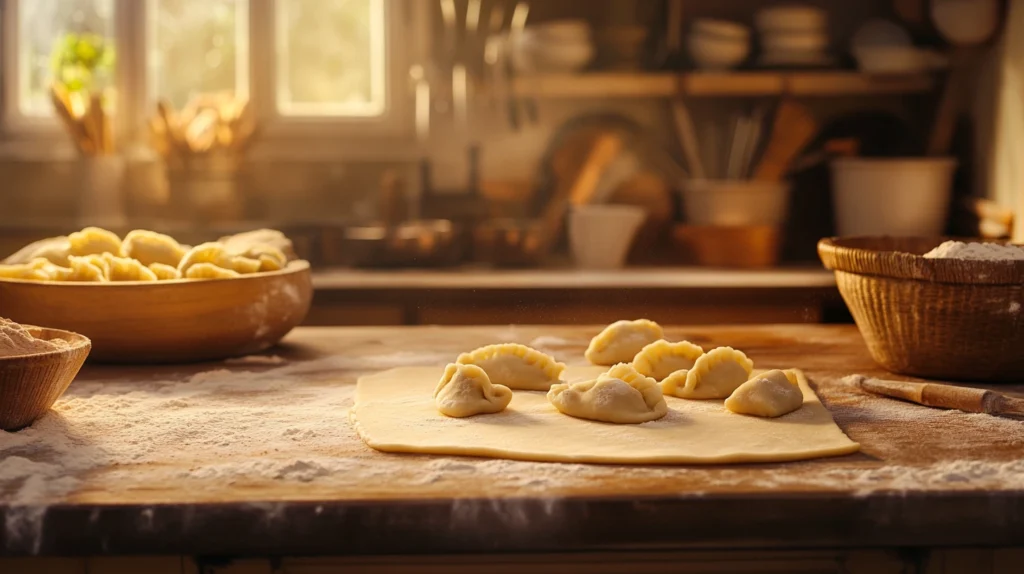 Traditional pierogi dough rolled out on a floured surface with dumplings being filled and shaped.