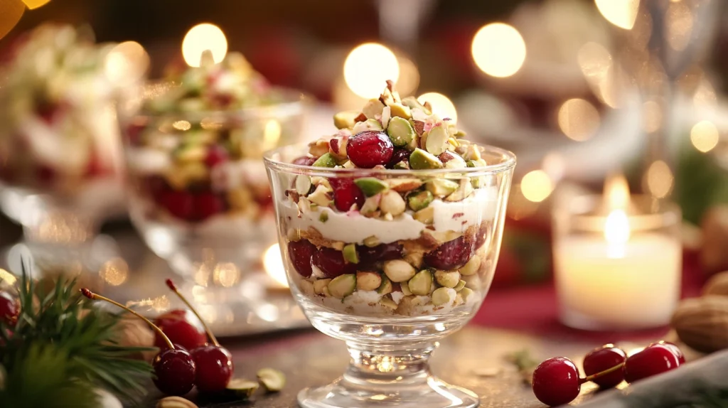 Pistachio salad served in individual cups for a party.