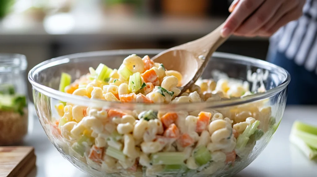 A person mixing Hawaiian macaroni salad in a bowl