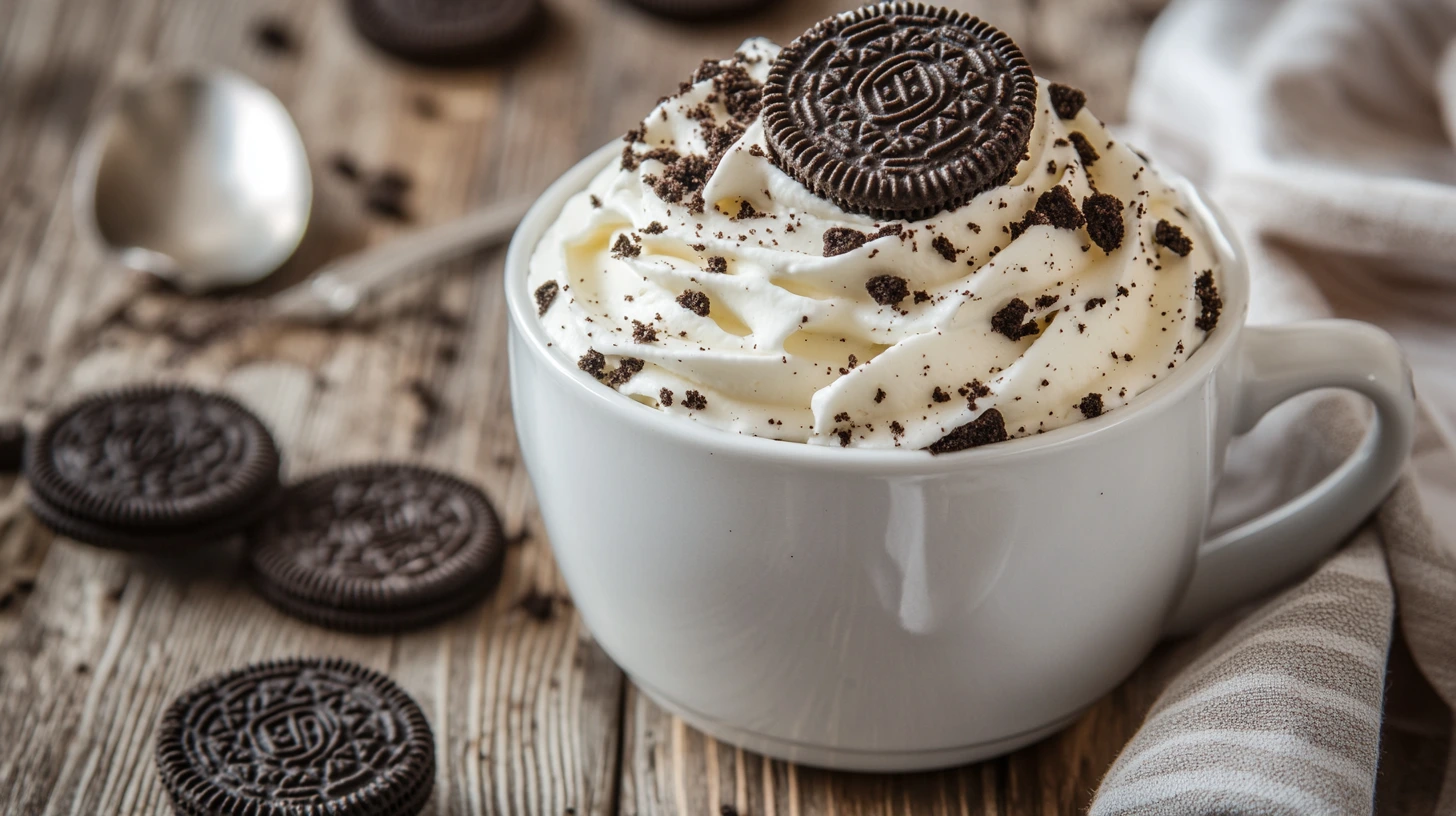 A freshly prepared Oreo mug cake with whipped cream and crushed Oreos on top.