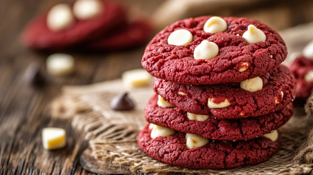 Freshly baked red velvet cookies with white chocolate chips on a rustic table.