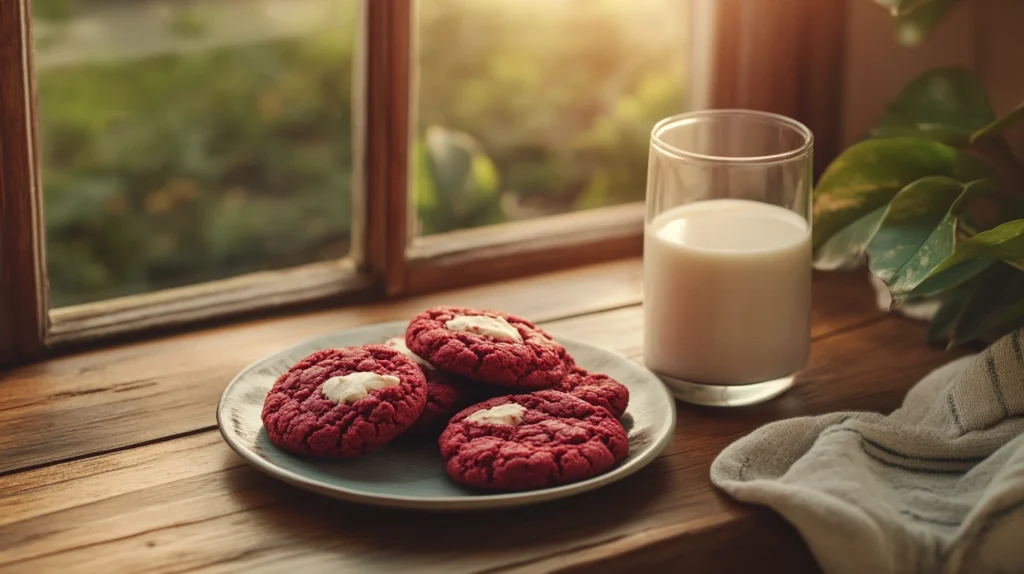 A plate of red velvet cookies with a glass of milk on a wooden table.