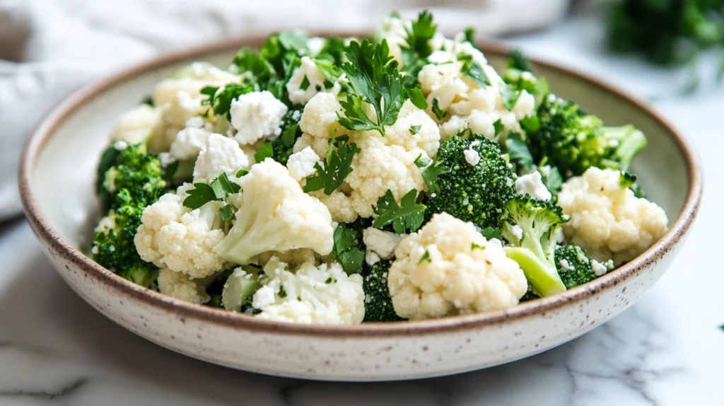 Broccoli cauliflower salad with quinoa and feta cheese.