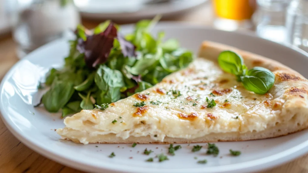 Sliced white pizza on a plate with a side salad