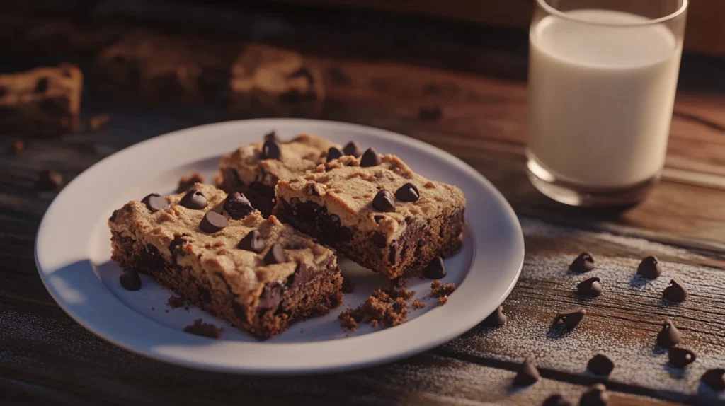 Cookie bars served on a plate with a glass of milk