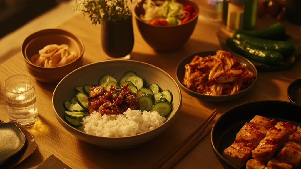 Korean Cucumber Salad served alongside grilled meats, rice, and banchan dishes on a dining table.