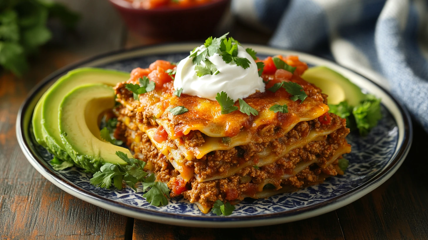 A plated serving of Mexican lasagna with garnishes and sides.