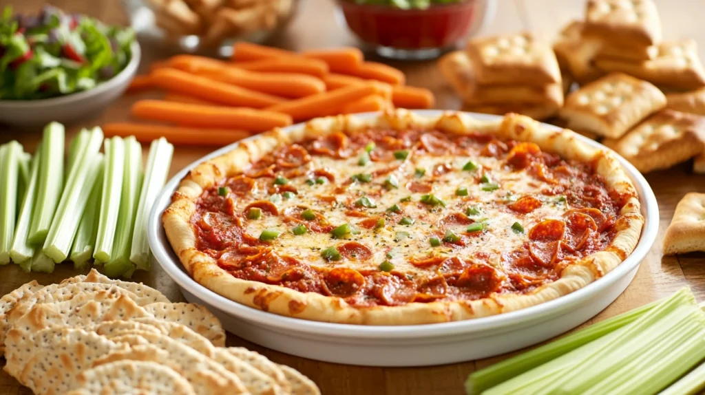 Pizza dip served with breadsticks, crackers, and fresh vegetables.