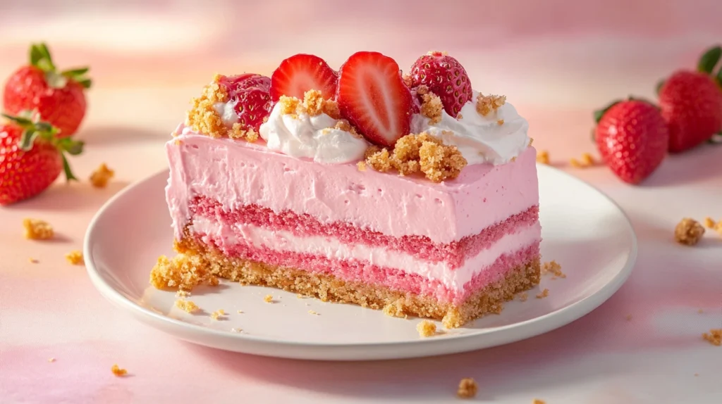 A slice of strawberry crunch cake on a dessert plate