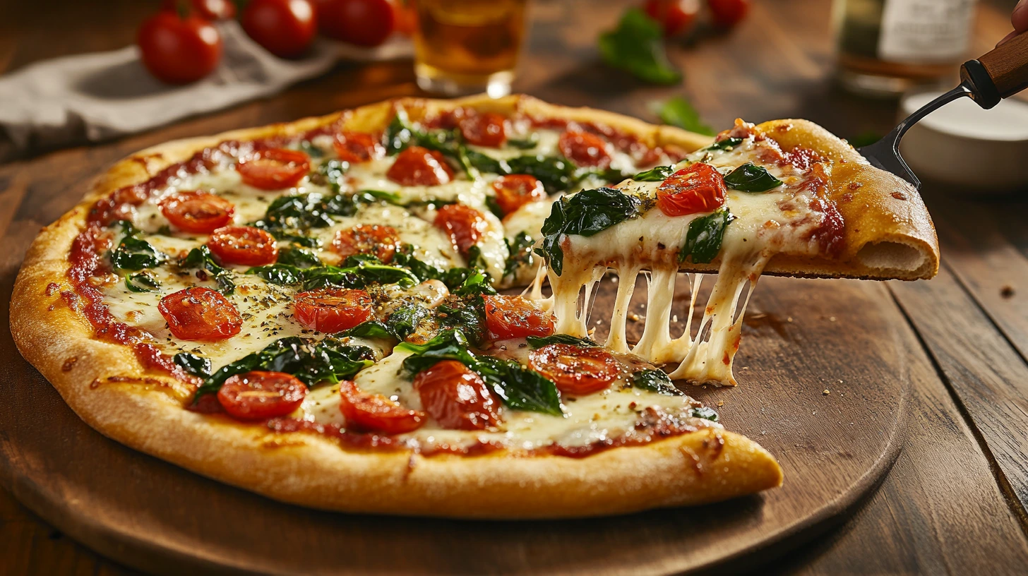 A slice of veggie pizza being served with a spatula, melted cheese stretching.