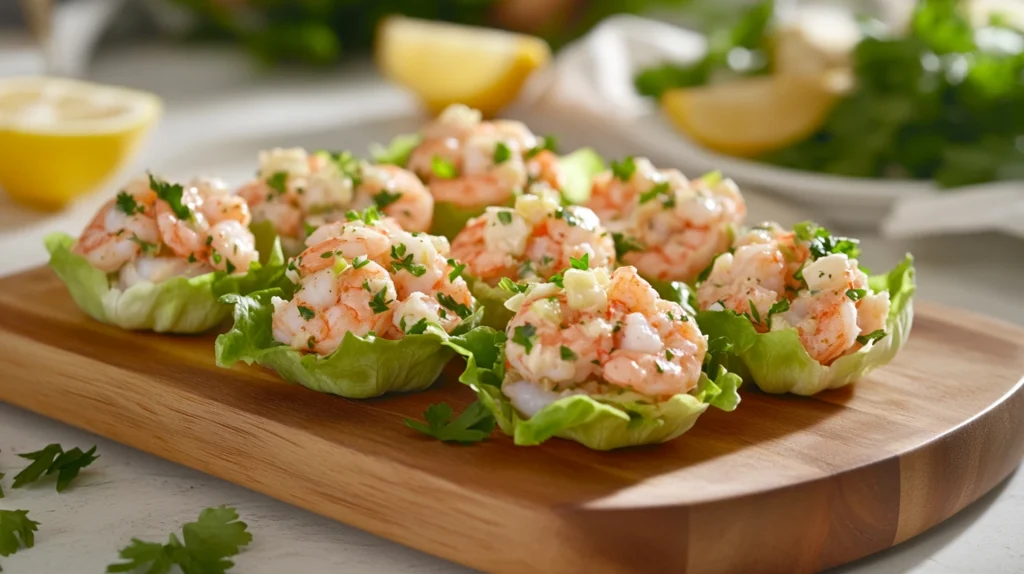 Shrimp salad served in lettuce cups on a wooden platter