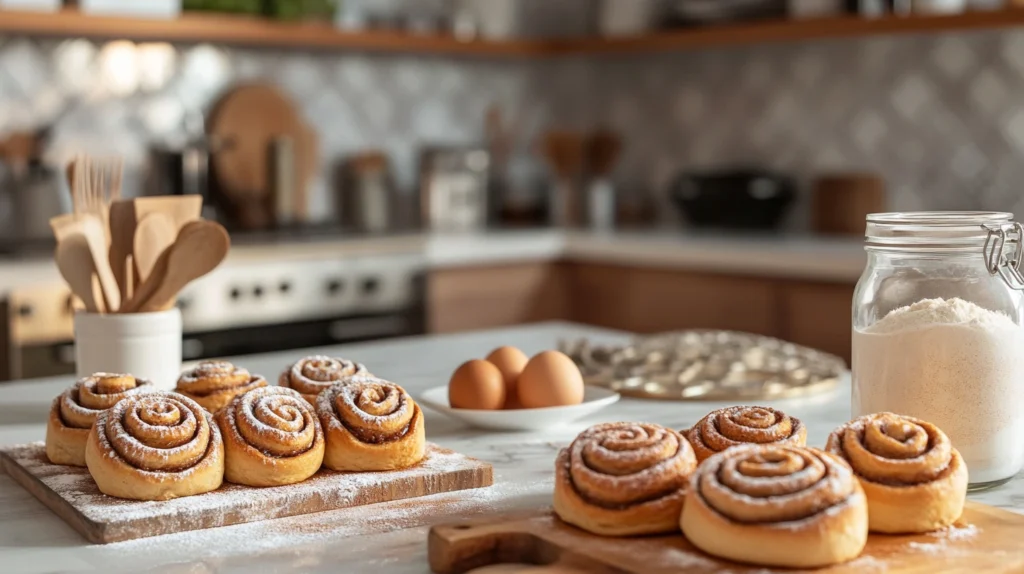 Ingredients for sourdough cinnamon rolls arranged on a kitchen counter