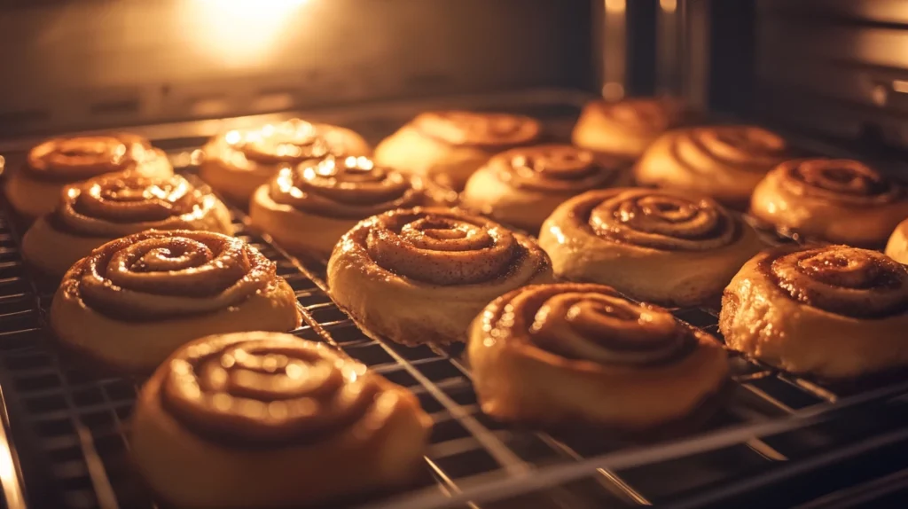 Sourdough cinnamon rolls baking in a pan inside the oven