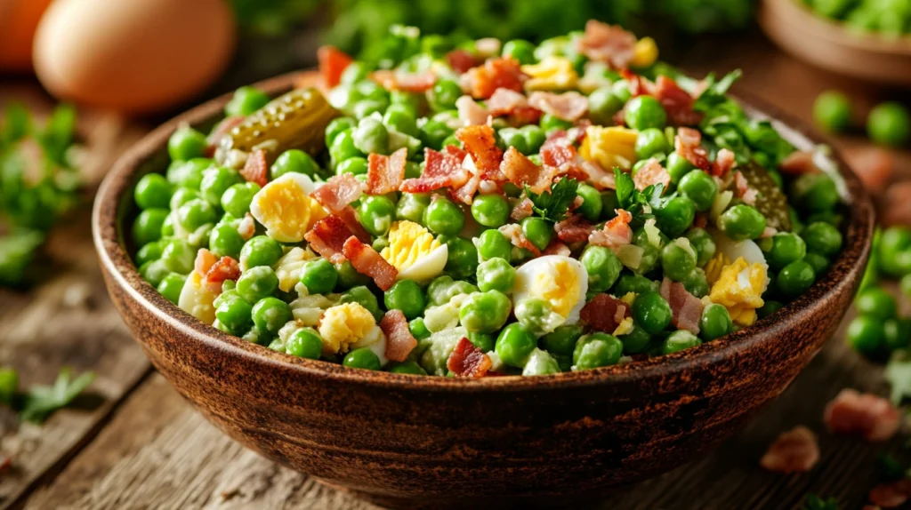 Southern-style pea salad with eggs, pickles, and bacon