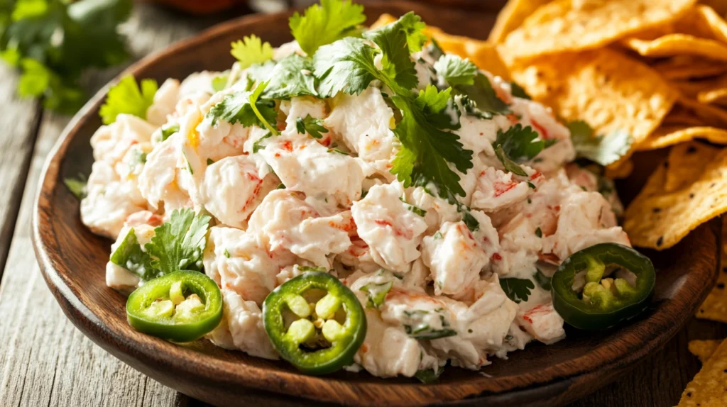 Spicy crab salad served with tortilla chips and garnished with jalapeños