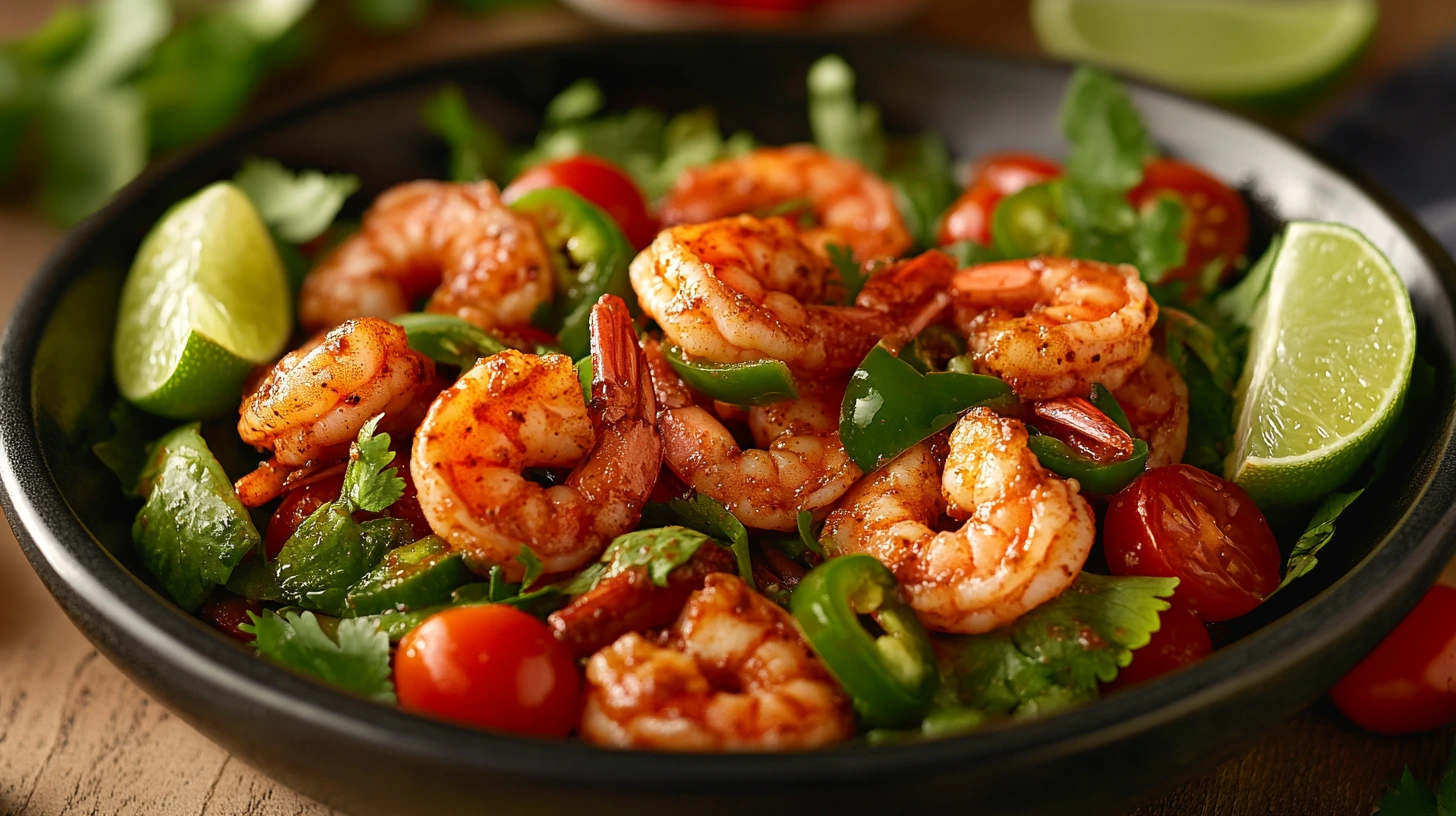 A spicy shrimp salad with greens and a tangy dressing